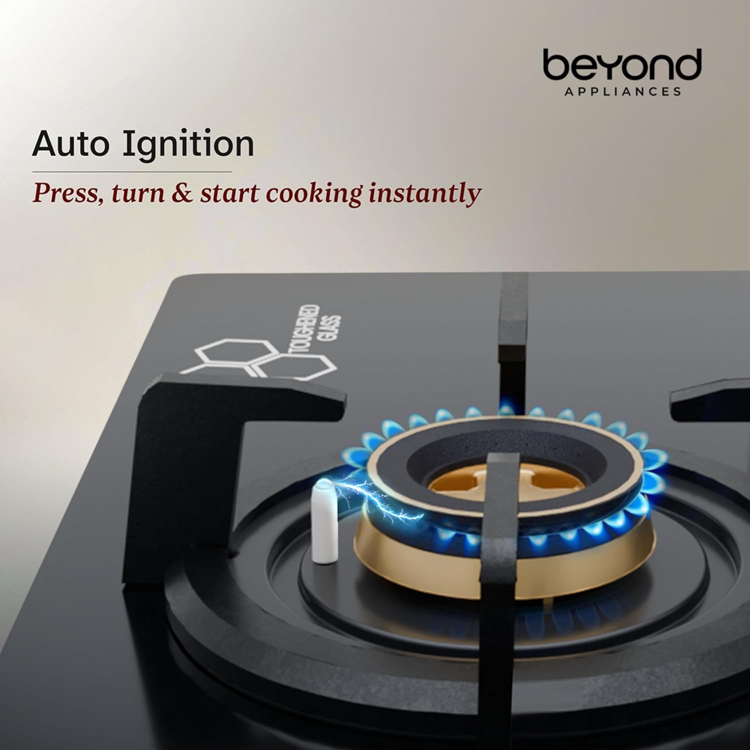 Beyond Appliances Zyra 4 Burner Smart Glass Hobtop Gas Stove | Auto Ignition | Digital Timer | Flame Failure Device | Toughened Glass | LPG & PNG Compatible HOB | PAN India Service Kitchen Etto