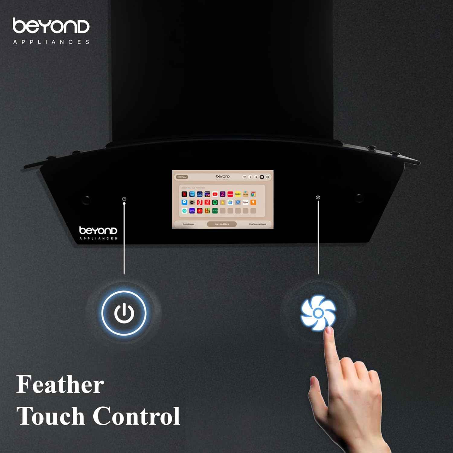 Beyond Appliances Asteria 60cm Auto Clean Kitchen Chimney | 1408 CMH Suction | Filterless | Curved Glass | Smart Screen & Speakers | Touch Control | Black Finish