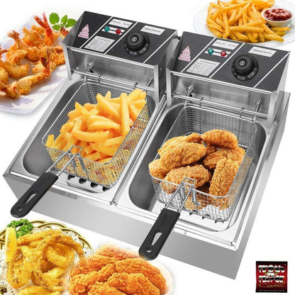 Kitchen Etto 6+6 Liters Commercial Double Tank Deep Fryer, Silver