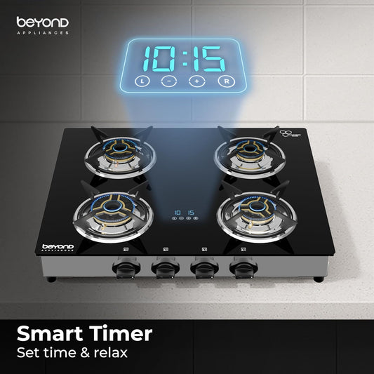Beyond Appliances Auriga 4 Burner Smart Glass Gas Stove | Auto Ignition | Digital Timer | Flame Failure Device | Toughened Glass | ISI Certified | LPG & PNG Compatible Cooktop | PAN India Service Kitchen Etto