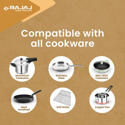 Bajaj IRX 220F Infrared Induction Cooktop | 2200 Watts | 11 Power Level | 3 Preset Menu | Feather Touch Controls | Digital display | 1 Year Warranty 【Black/Silver】