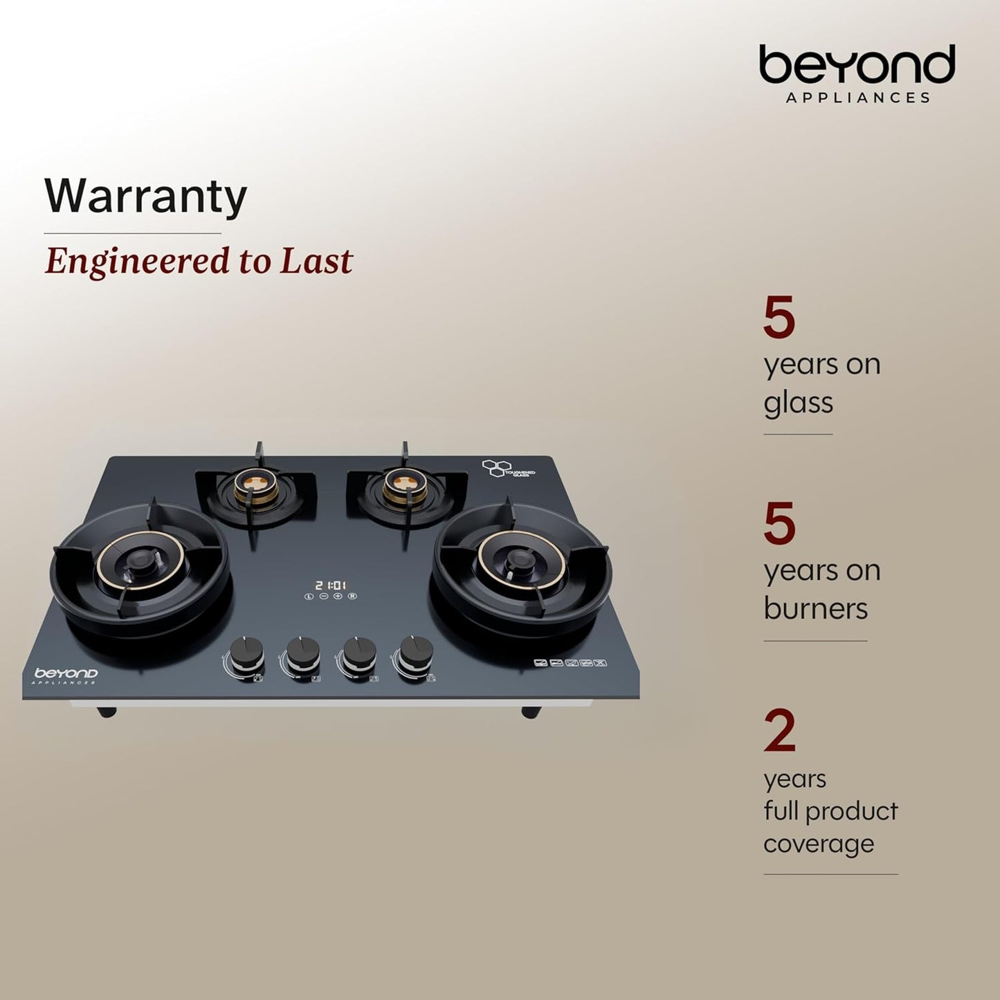 Beyond Appliances Zyra 4 Burner Smart Glass Hobtop Gas Stove | Auto Ignition | Digital Timer | Flame Failure Device | Toughened Glass | LPG & PNG Compatible HOB | PAN India Service Kitchen Etto