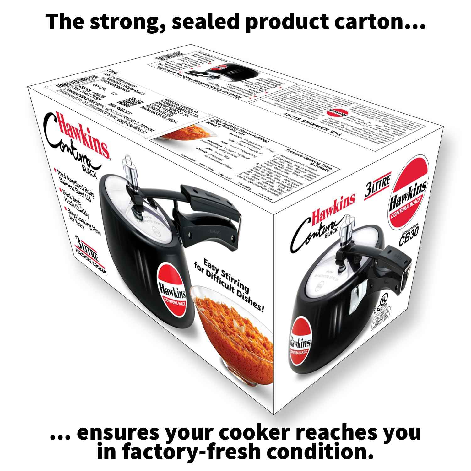 Hawkins 3 Litre Contura Black Pressure Cooker, Hard Anodised Inner Lid Cooker, Handi Cooker, (CB30)