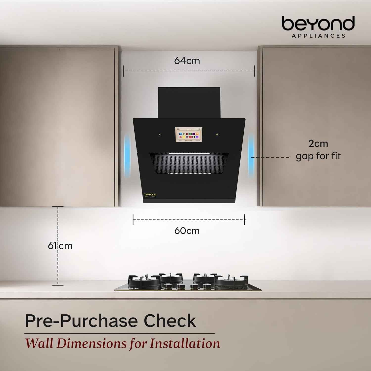 Beyond Appliances Eris 60cm Auto Clean Slant Kitchen Chimney | 1500 CMH Suction | Filterless | Smart Touchscreen Display | Touch Control | Black | PAN INDIA SERVICE