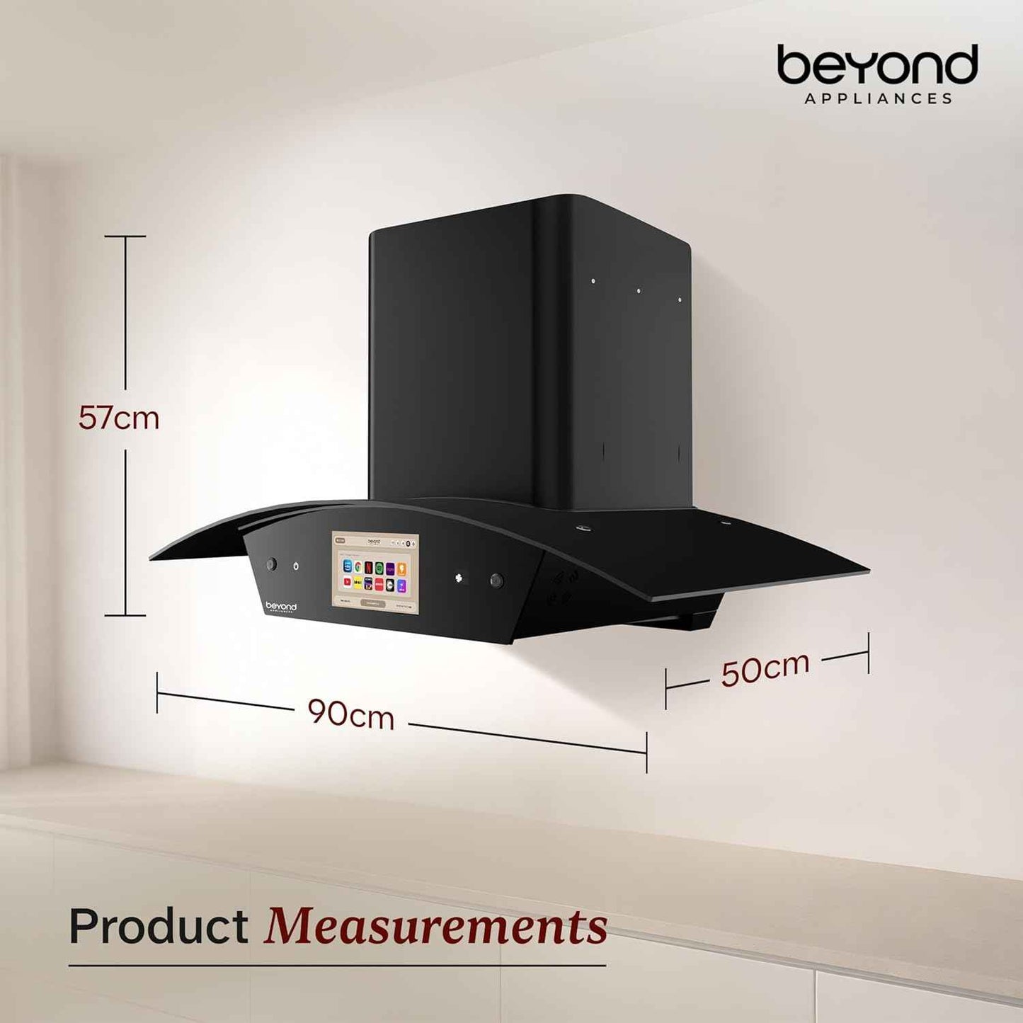 Beyond Appliances Asteria 90cm Auto Clean Kitchen Chimney | 1408 CMH Suction | Filterless | Curved Glass | Smart Screen & Speakers | Touch Control | Black Finish