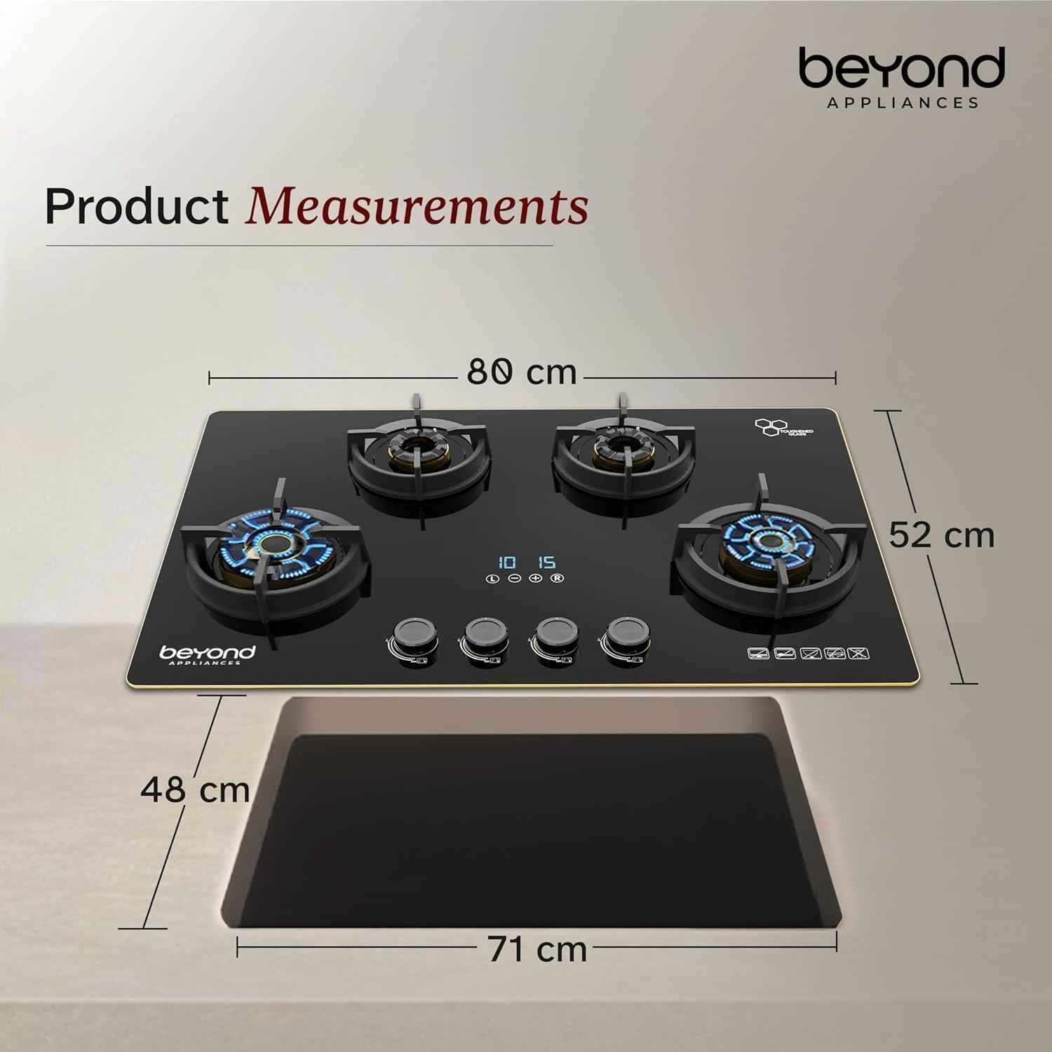 Beyond Appliances Altair Premium 4 Burner Smart Glass Hobtop Gas Stove | Auto Ignition | Digital Timer | Flame Failure Device | Jumbo Burner | Toughened Glass | LPG & PNG Compatible