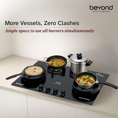 Beyond Appliances Zyra 4 Burner Smart Glass Hobtop Gas Stove | Auto Ignition | Digital Timer | Flame Failure Device | Toughened Glass | LPG & PNG Compatible HOB | PAN India Service Kitchen Etto