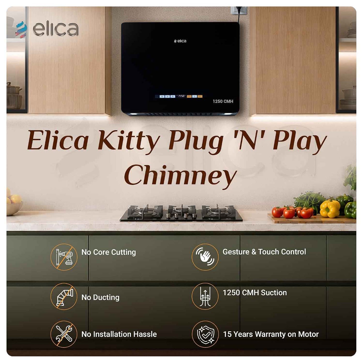 Elica Kitty Plug N Play 60cm 1250 m3/hr Ductless Autoclean Kitchen Chimney | Baffle + Air Recycle Filter | 15 Year Motor + 5 Yr Filter Warranty| 3-way Suction| 48db| RPM Display| Touch + Motion Sensor