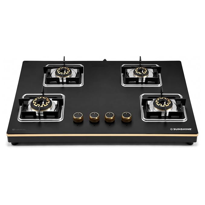 Sunshine Shine Gold 4 Burner | Glass Hob Top Cooktop | Auto Ignition | 10D Brass Burners | SABAF Italian Valves | LPG & PNG Compatible | Golden Finish | 10 Year Glass & Burner Warranty | Black