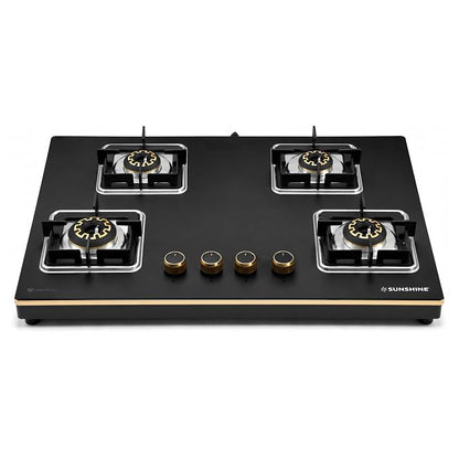 Sunshine Shine Gold 4 Burner | Glass Hob Top Cooktop | Auto Ignition | 10D Brass Burners | SABAF Italian Valves | LPG & PNG Compatible | Golden Finish | 10 Year Glass & Burner Warranty | Black