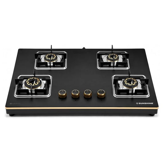 Sunshine Shine Gold 4 Burner | Glass Hob Top Cooktop | Auto Ignition | 10D Brass Burners | SABAF Italian Valves | LPG & PNG Compatible | Golden Finish | 10 Year Glass & Burner Warranty | Black