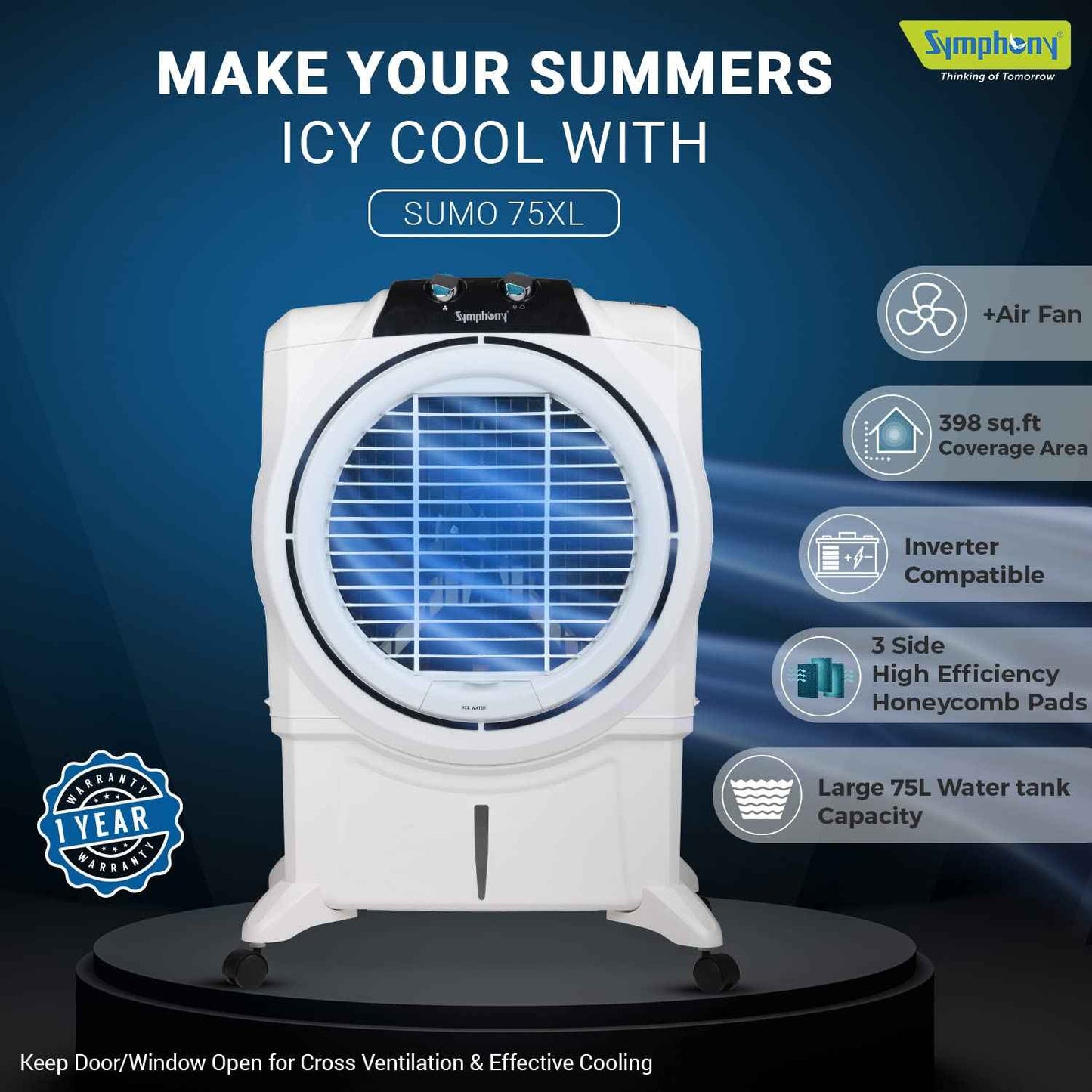 Symphony Sumo 75 XL Desert Air Cooler For Home with Honeycomb Pads, Powerful +Air Fan, i-Pure Console and Low Power Consumption (75L, White)