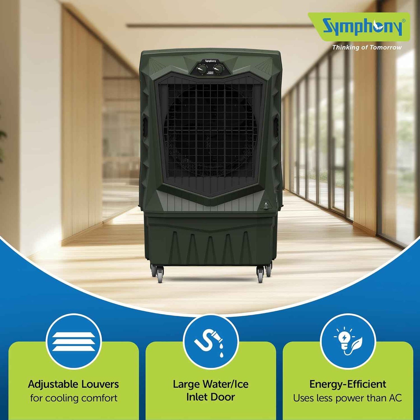 Symphony Air Force 120 Desert Air Cooler | Extra Powerful Air Throw | Robust, Weather resistant Body | Heavy Duty Air Cooler | 375W Energy-Efficient Cooling | Auto Louver | 1-Year Warranty