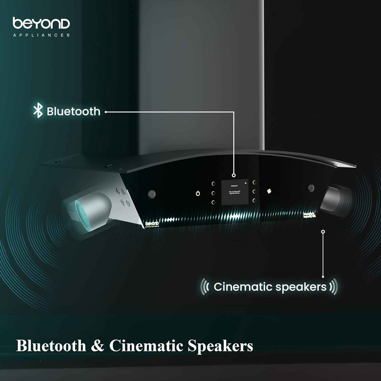 Beyond Appliances Arista 60cm Auto Clean Curve Kitchen Chimney | 1408 CMH Suction | Filterless | Smart AI Dashboard, Motion Sensor & Speakers | Touch Control | Radio | Whistle Counter | Black