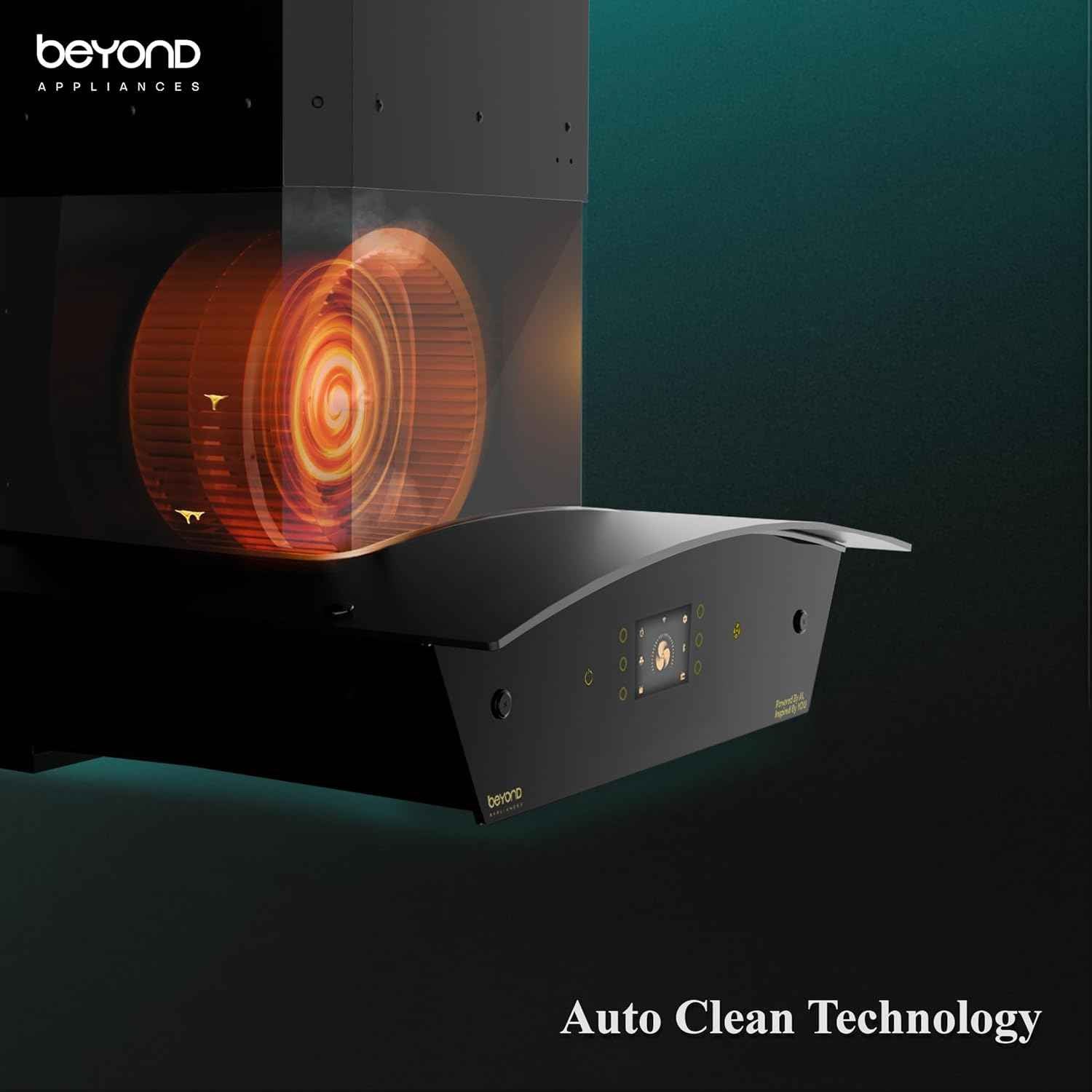 Beyond Appliances Arista 60cm Auto Clean Curve Kitchen Chimney | 1408 CMH Suction | Filterless | Smart AI Dashboard, Motion Sensor & Speakers | Touch Control | Radio | Whistle Counter | Black