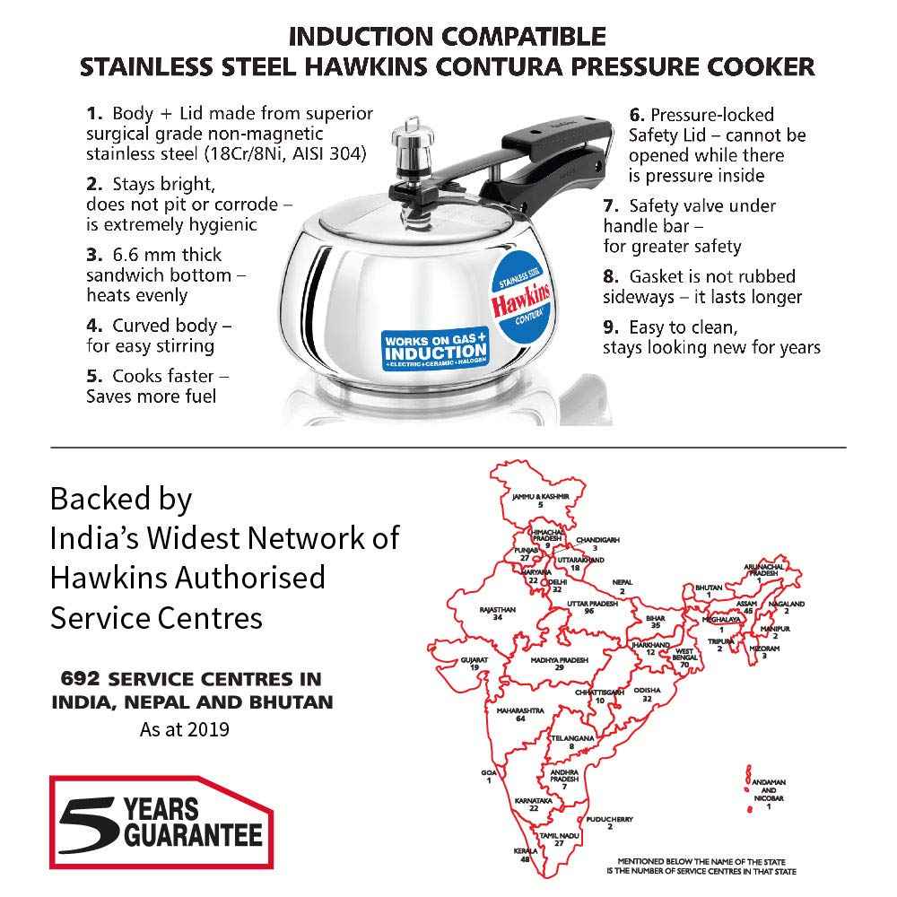 Hawkins 2 Litre Contura Pressure Cooker, Stainless Steel Inner Lid Cooker, Induction Cooker, Silver (SSC20)