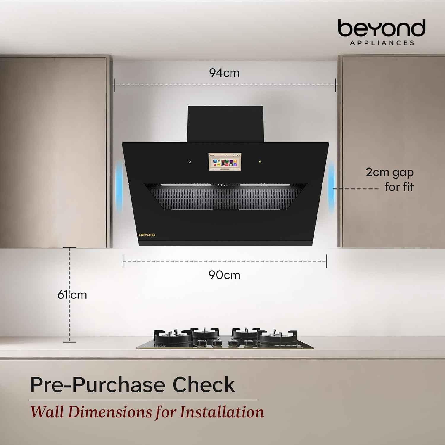 Beyond Appliances Eris 90cm Auto Clean Slant Kitchen Chimney | 1500 CMH Suction | Filterless | Smart Touchscreen Display | Touch Control | Black | PAN INDIA SERVICE| BA-SL-ER-AD-90-CH-001