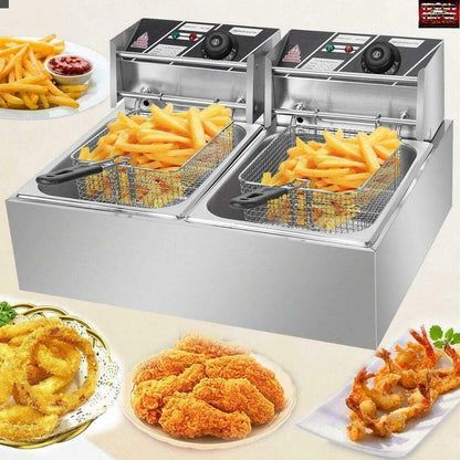 Kitchen Etto 6+6 Liters Commercial Double Tank Deep Fryer, Silver