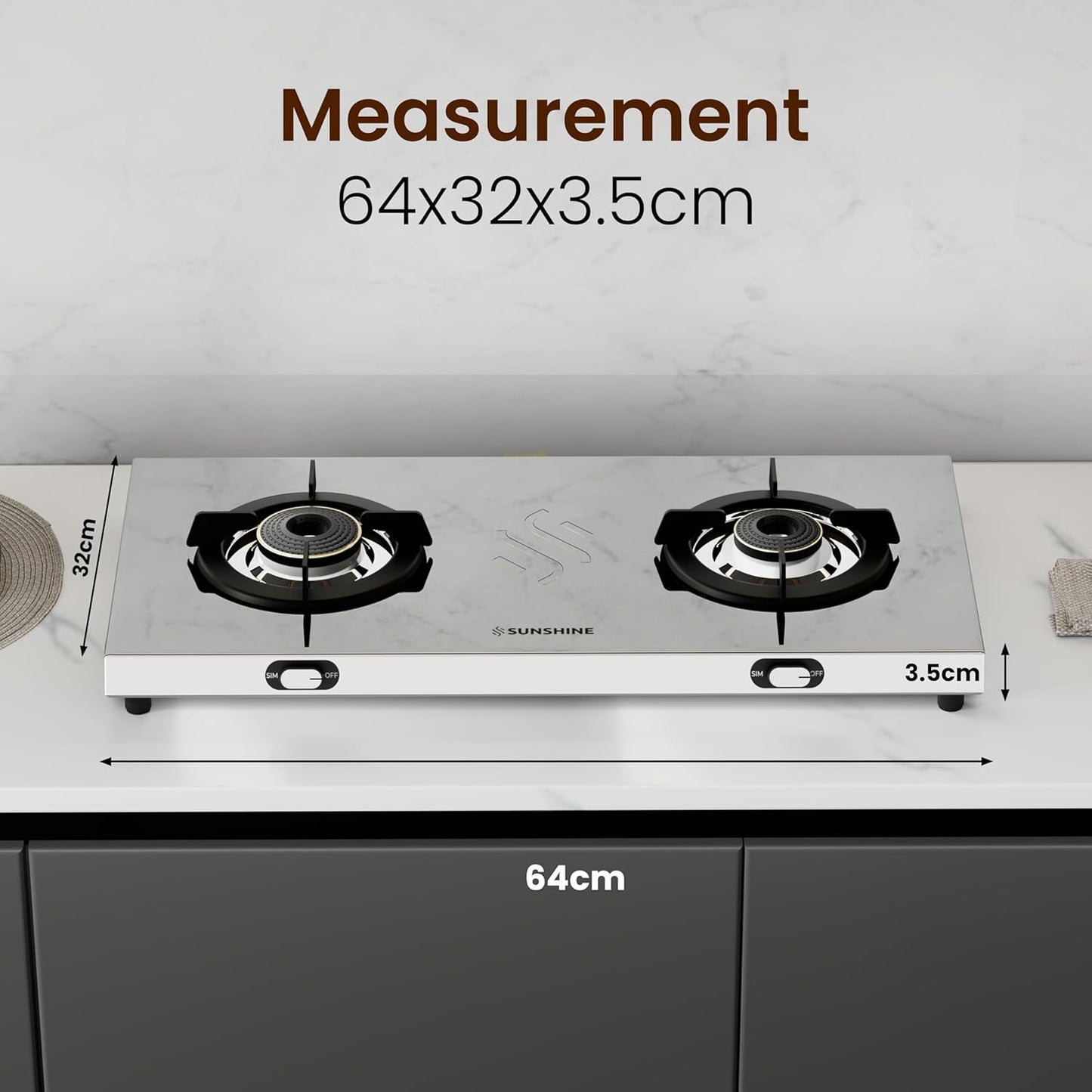 Sunshine Brio Falcon 2 Burner | Ultra Slim 2 Burner Stainless Steel Gas Stove | Ergonomic Knob, Brass Burner, 5G Technology | Manual Ignition, LPG Ready & PNG Compatible (Silver)