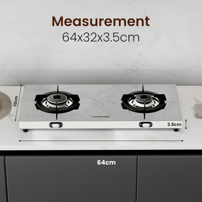 Sunshine Brio Falcon 2 Burner | Ultra Slim 2 Burner Stainless Steel Gas Stove | Ergonomic Knob, Brass Burner, 5G Technology | Manual Ignition, LPG Ready & PNG Compatible (Silver)