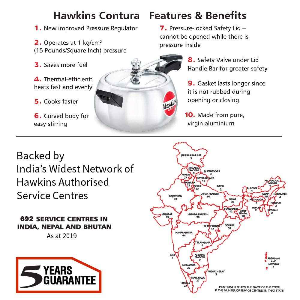 Hawkins 5 Litre Contura Pressure Cooker, Handi Inner Lid Cooker, Silver (HC50), Aluminium