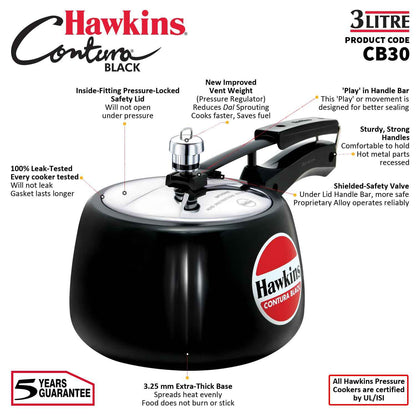 Hawkins 3 Litre Contura Black Pressure Cooker, Hard Anodised Inner Lid Cooker, Handi Cooker, (CB30)