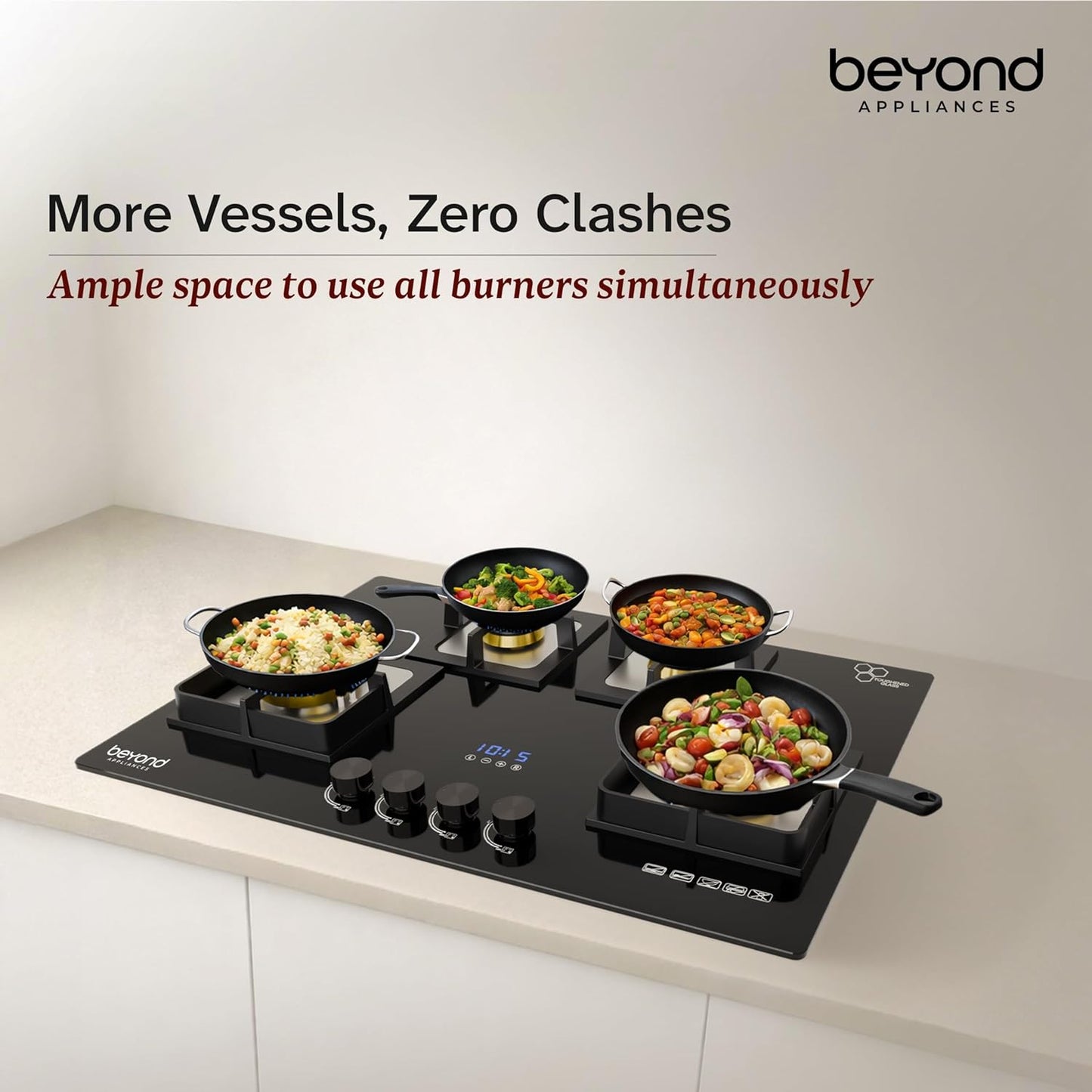 Beyond Appliances Dorado 4 Burner Smart Glass Hobtop Gas Stove | Auto Ignition | Digital Timer | Flame Failure Device | Toughened Glass | LPG & PNG Compatible Kitchen Etto