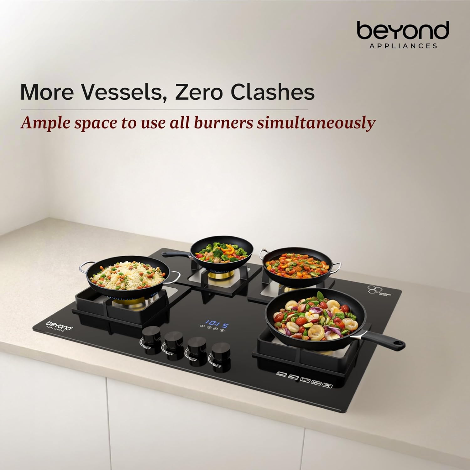 Beyond Appliances Dorado 4 Burner Smart Glass Hobtop Gas Stove | Auto Ignition | Digital Timer | Flame Failure Device | Toughened Glass | LPG & PNG Compatible Kitchen Etto