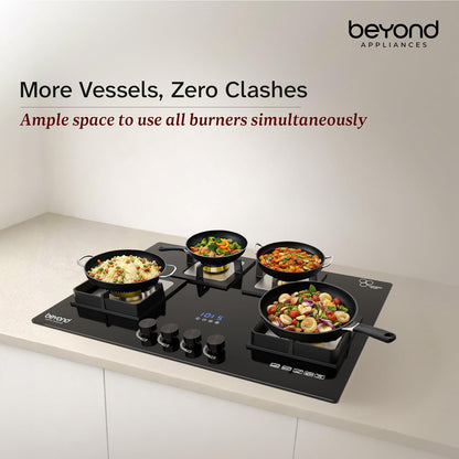 Beyond Appliances Dorado 4 Burner Smart Glass Hobtop Gas Stove | Auto Ignition | Digital Timer | Flame Failure Device | Toughened Glass | LPG & PNG Compatible Kitchen Etto
