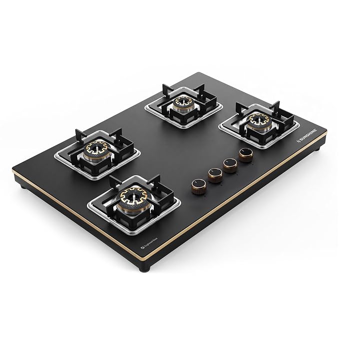 Sunshine Shine Gold 4 Burner | Glass Hob Top Cooktop | Auto Ignition | 10D Brass Burners | SABAF Italian Valves | LPG & PNG Compatible | Golden Finish | 10 Year Glass & Burner Warranty | Black