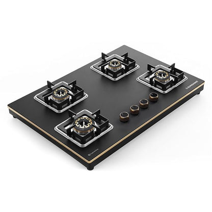 Sunshine Shine Gold 4 Burner | Glass Hob Top Cooktop | Auto Ignition | 10D Brass Burners | SABAF Italian Valves | LPG & PNG Compatible | Golden Finish | 10 Year Glass & Burner Warranty | Black