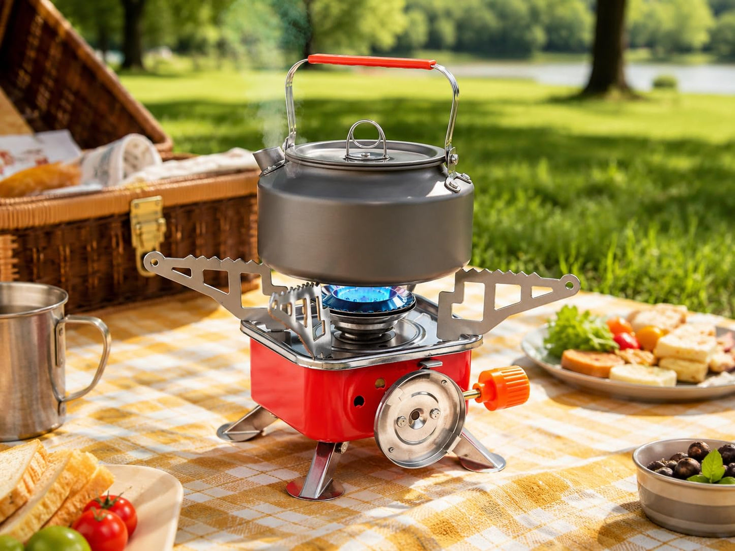 Portable Camping Gas Stove Butane Gas Stove with foldable burner Outdoor Cooking Camping Hiking Trekking with Safety Lock(with 2 butane gas)