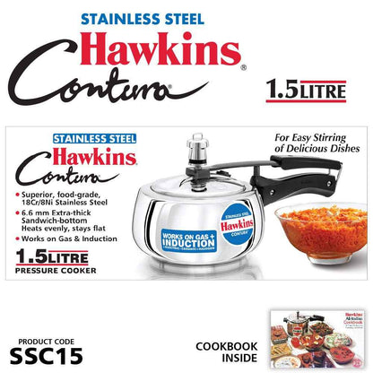 Hawkins 1.5 Litre Stainless Steel Contura Pressure Cooker, Inner Lid Induction Baby Cooker, Silver (SSC15)