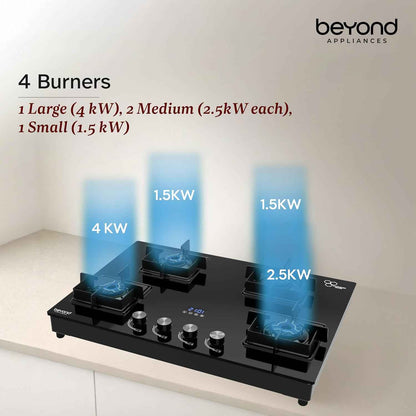 Beyond Appliances Solaria Premium 4 Burner Smart Gas Stove | Auto Ignition | Digital Timer | Flame Failure Device | Toughened Glass | ISI Certified | LPG & PNG Compatible Cooktop | PAN India Service