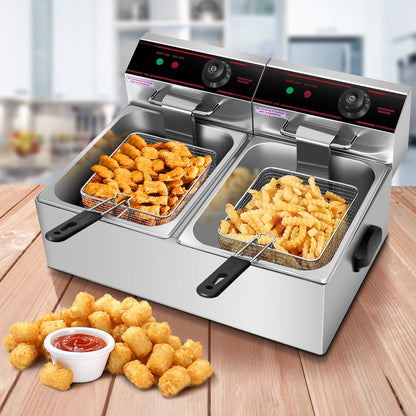Kitchen Etto 6+6 Liters Commercial Double Tank Deep Fryer, Silver