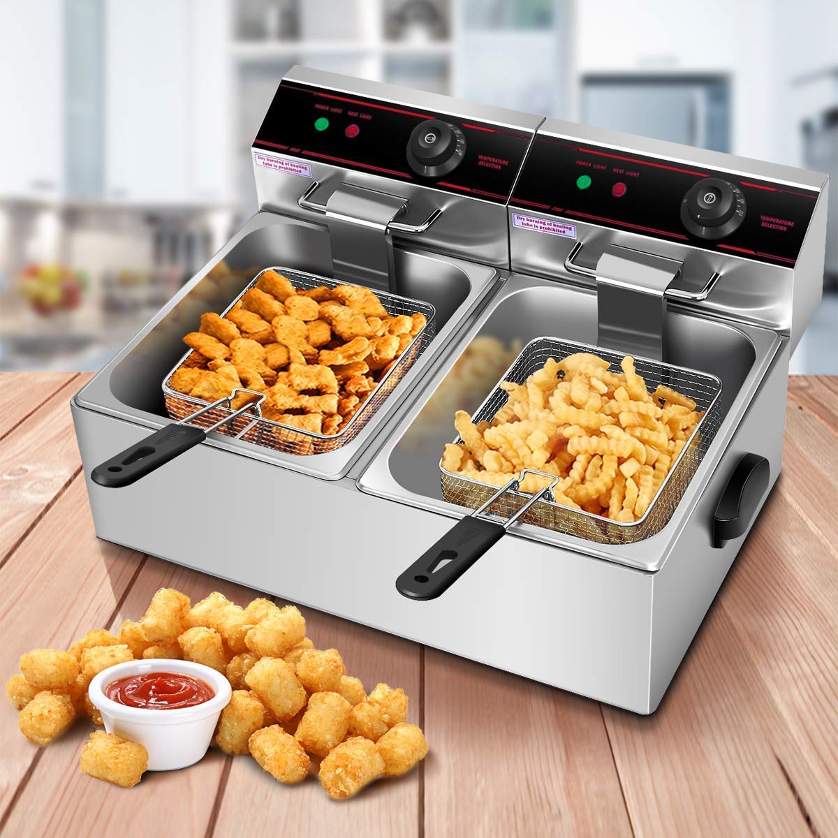 Kitchen Etto 6+6 Liters Commercial Double Tank Deep Fryer, Silver