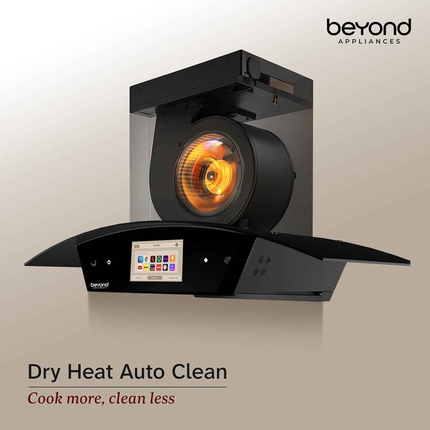 Beyond Appliances Asteria 90cm Auto Clean Kitchen Chimney | 1408 CMH Suction | Filterless | Curved Glass | Smart Screen & Speakers | Touch Control | Black Finish