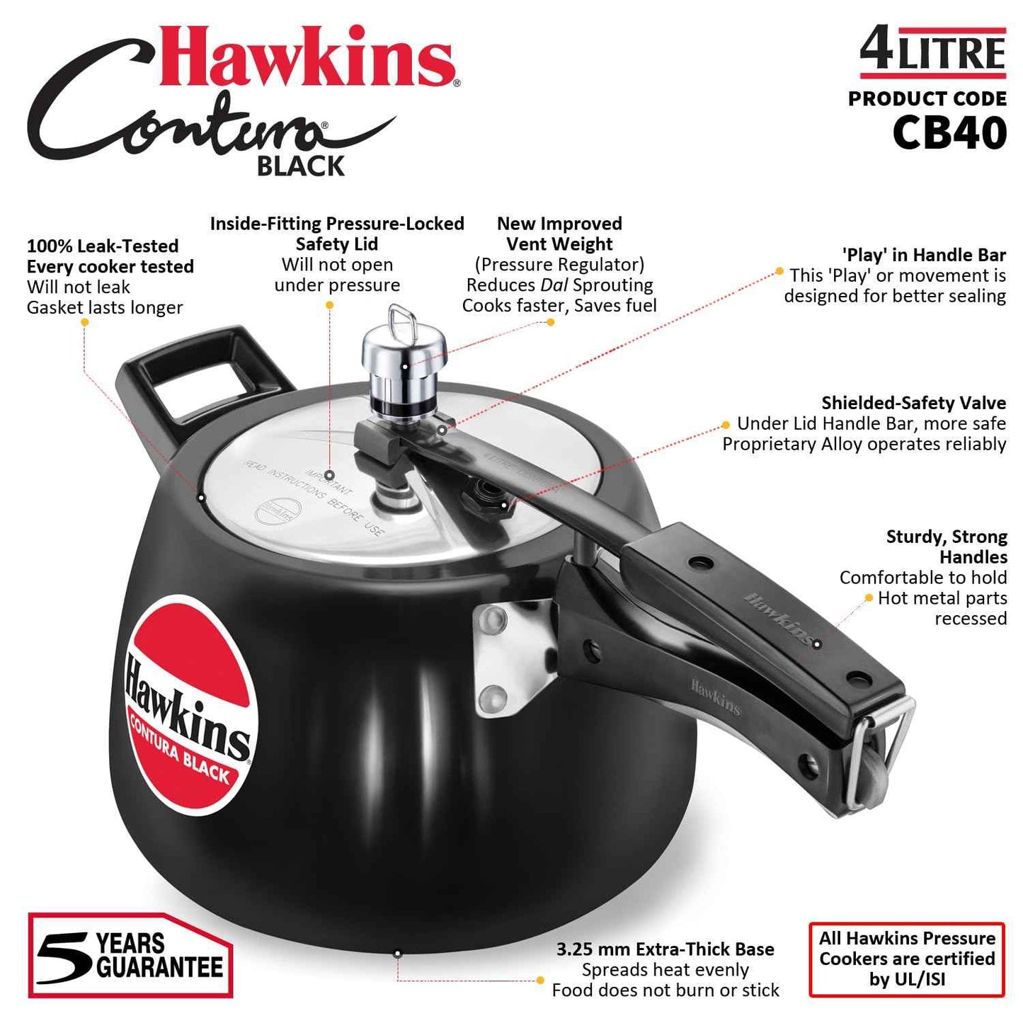 Hawkins 4 Litre Contura Black Pressure Cooker, Hard Anodised Inner Lid Cooker, Handi Cooker, Black (Cb40), 4 Liter