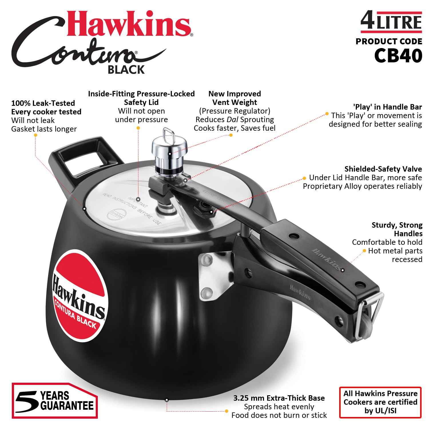 Hawkins 4 Litre Contura Black Pressure Cooker, Hard Anodised Inner Lid Cooker, Handi Cooker, Black (Cb40), 4 Liter