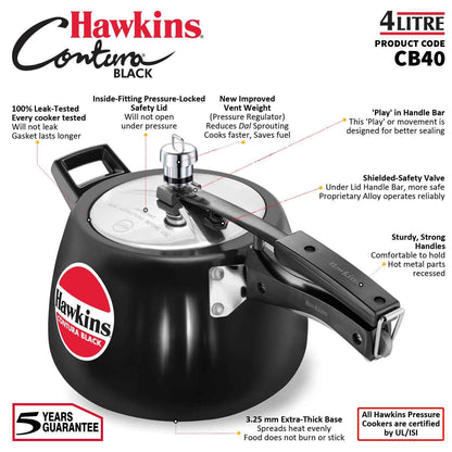 Hawkins 4 Litre Contura Black Pressure Cooker, Hard Anodised Inner Lid Cooker, Handi Cooker, Black (Cb40), 4 Liter