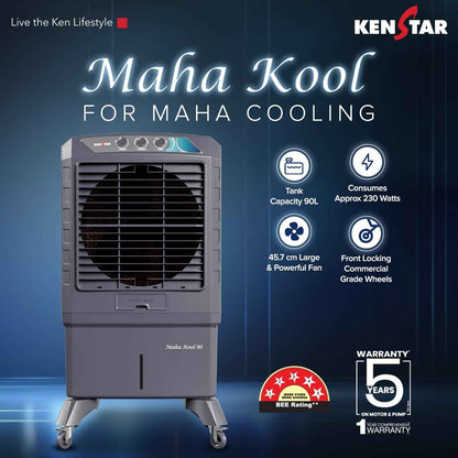 Kenstar MAHA KOOL HC 90 L Desert Air Cooler|Anti-Bacterial Honeycomb Pads|High-Speed Fan|Inverter Ready|50Ft Powerful Air Throw|1-Yr Product Warranty+5-Yr Warranty on Pump&Motor|5-Star BEE Rating|Grey