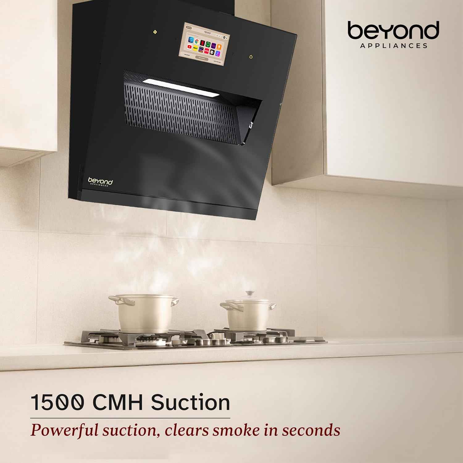Beyond Appliances Eris 60cm Auto Clean Slant Kitchen Chimney | 1500 CMH Suction | Filterless | Smart Touchscreen Display | Touch Control | Black | PAN INDIA SERVICE