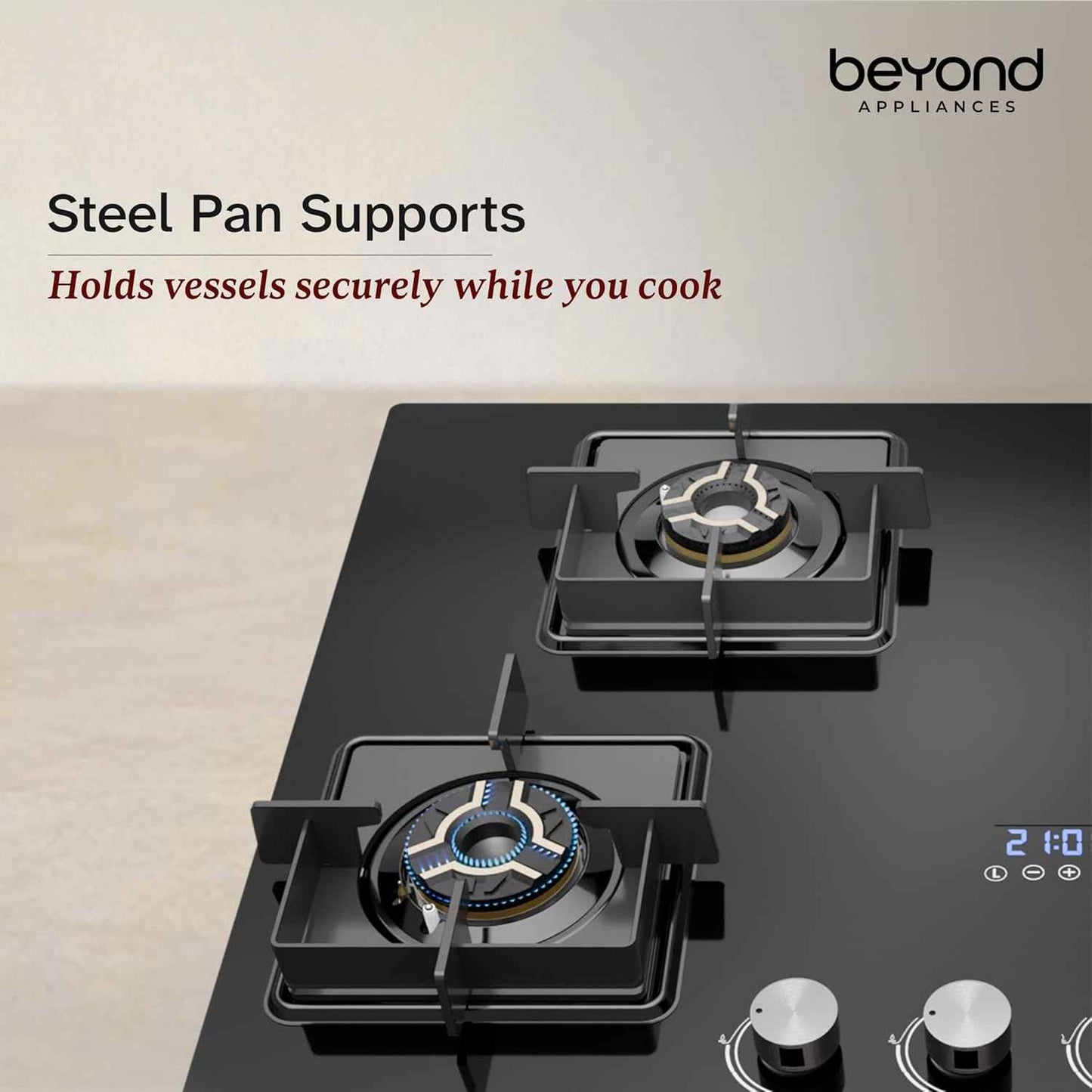 Beyond Appliances Solaria Premium 4 Burner Smart Gas Stove | Auto Ignition | Digital Timer | Flame Failure Device | Toughened Glass | ISI Certified | LPG & PNG Compatible Cooktop | PAN India Service