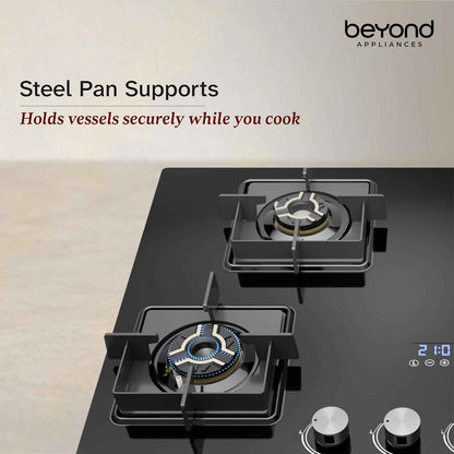 Beyond Appliances Solaria Premium 4 Burner Smart Gas Stove | Auto Ignition | Digital Timer | Flame Failure Device | Toughened Glass | ISI Certified | LPG & PNG Compatible Cooktop | PAN India Service