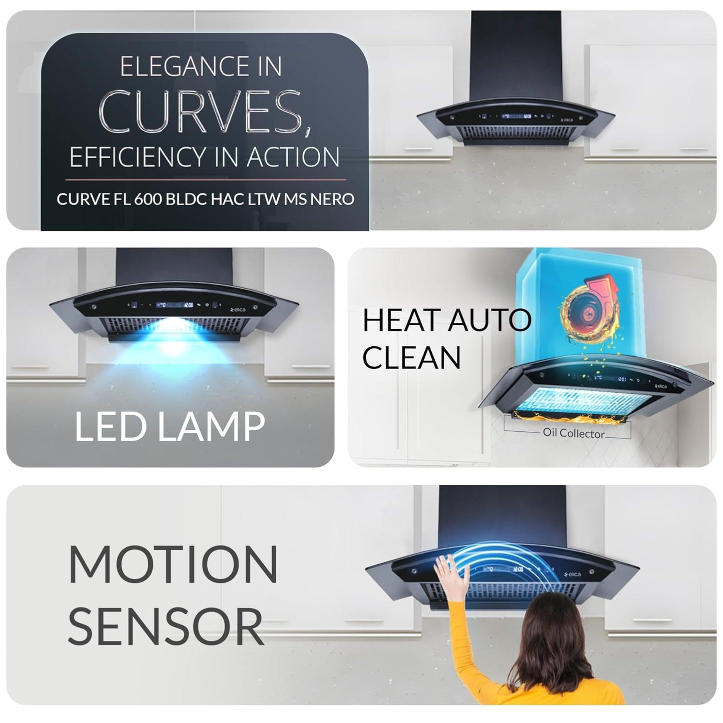 Elica 60cm 1500 m3/hr BLDC Filterless Autoclean Kitchen Chimney with 15 Years Motor & 5 Years Comprehensive Warranty | CURVE FL 600 BLDC HAC LTW MS NERO | RPM Display with Touch + Motion Sensor| Black