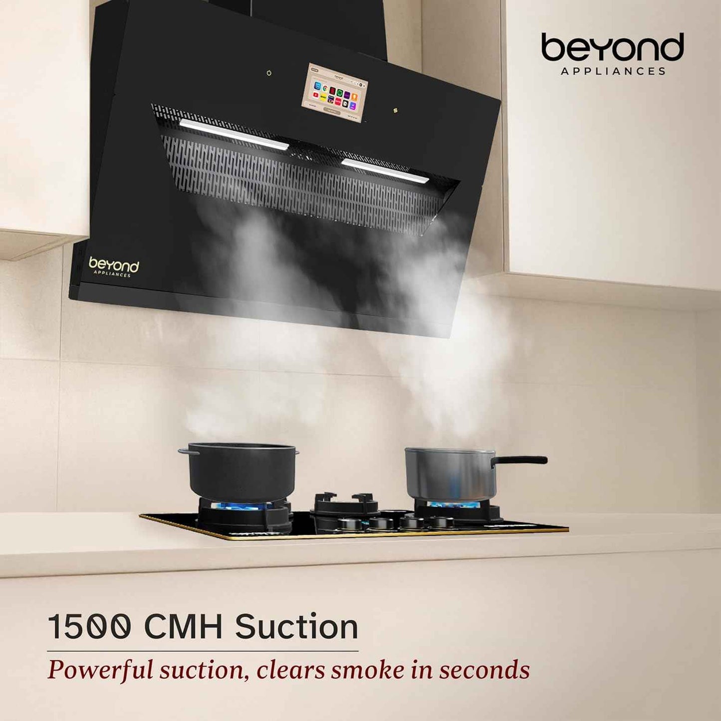 Beyond Appliances Eris 90cm Auto Clean Slant Kitchen Chimney | 1500 CMH Suction | Filterless | Smart Touchscreen Display | Touch Control | Black | PAN INDIA SERVICE| BA-SL-ER-AD-90-CH-001