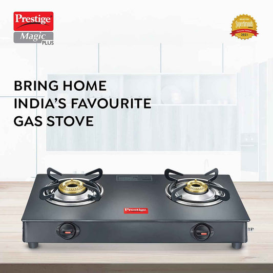 Prestige Prestige Magic plus Toughened Glass-Top 2 Brass Burner LPG Gas Stove(GTMP-02) | Black Spill Proof Design | Ergono...
