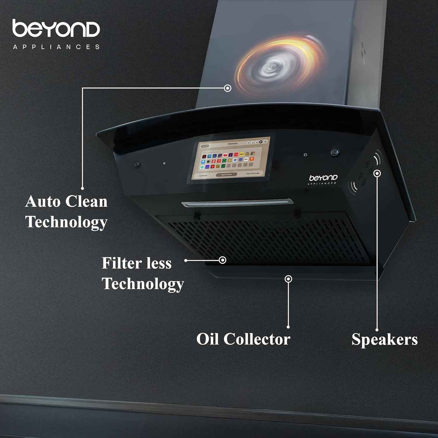 Beyond Appliances Asteria 60cm Auto Clean Kitchen Chimney | 1408 CMH Suction | Filterless | Curved Glass | Smart Screen & Speakers | Touch Control | Black Finish