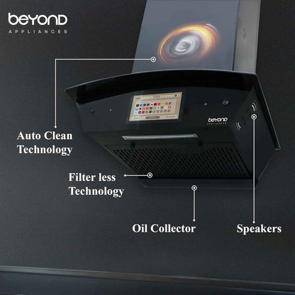 Beyond Appliances Asteria 60cm Auto Clean Kitchen Chimney | 1408 CMH Suction | Filterless | Curved Glass | Smart Screen & Speakers | Touch Control | Black Finish
