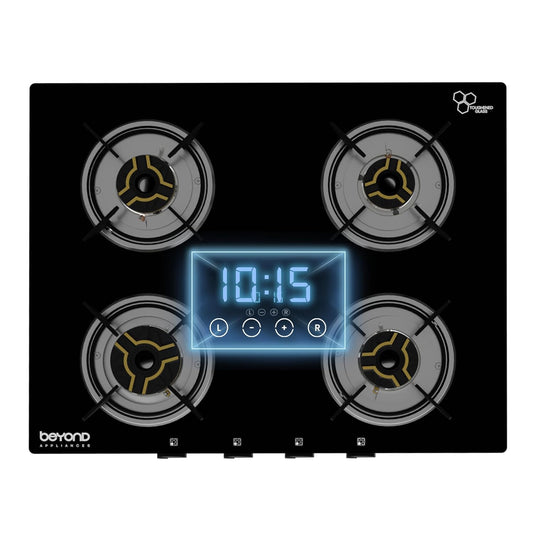 Beyond Appliances Auriga 4 Burner Smart Glass Gas Stove | Auto Ignition | Digital Timer | Flame Failure Device | Toughened Glass | ISI Certified | LPG & PNG Compatible Cooktop | PAN India Service Kitchen Etto